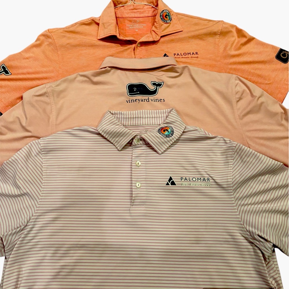 Three size medium Vinyard Vines golf shirts, logoed.